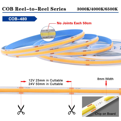 COB LED Strip Light 480LEDs CRI 90+ Uniform Glow Dotless Not Waterproof IP20 Flexible